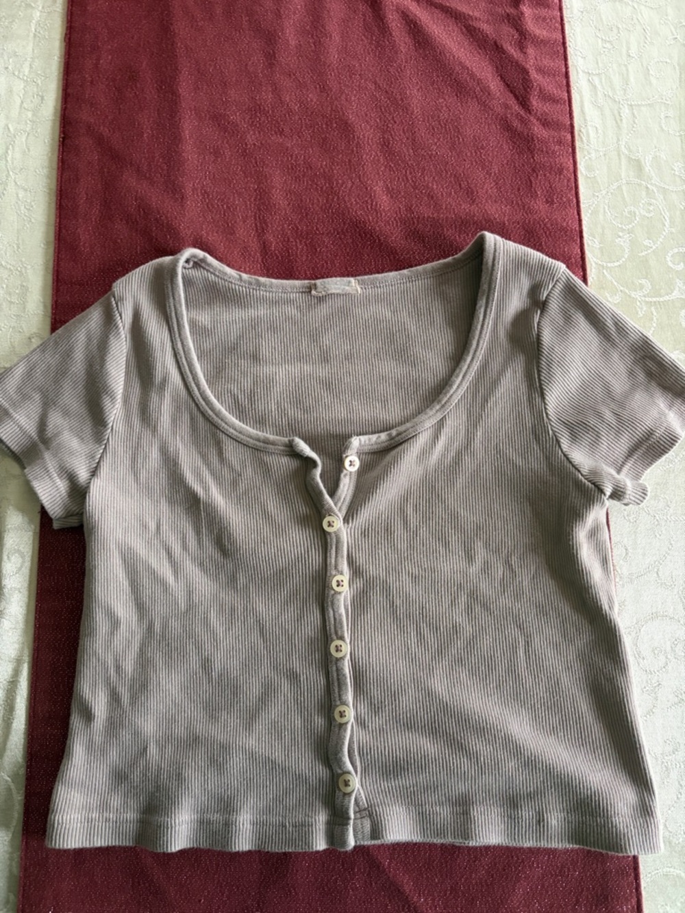 Brandy Melville Taupe Ribbed Button-Front Crop Top